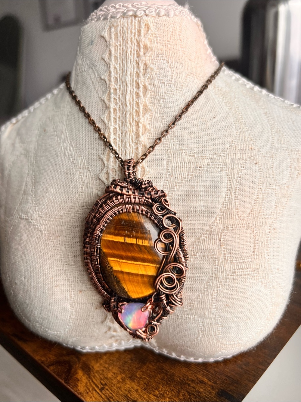 Handcrafted Copper Wire Tiger's Eye and Opal Pendant Necklace - Brown and Gold
